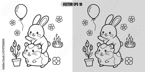 Cute cartoon bunny riding a hamster with balloons and plants