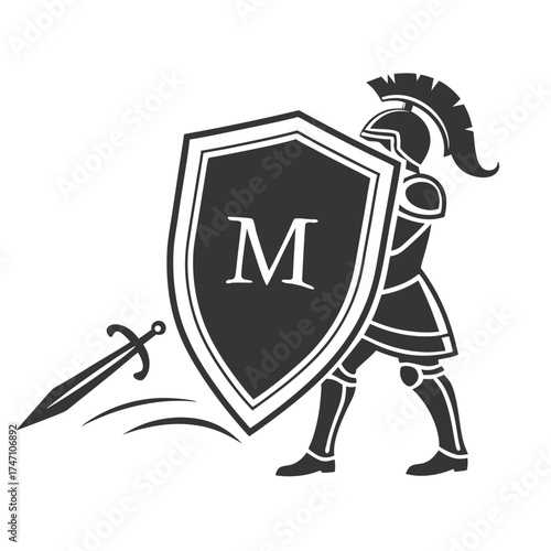 Black warrior with shield and sword on white background
