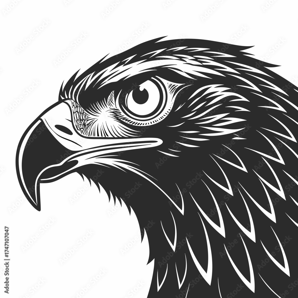 Fototapeta premium Black eagle head profile with large eye white background