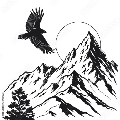 Black eagle flying over jagged mountains and sun bird