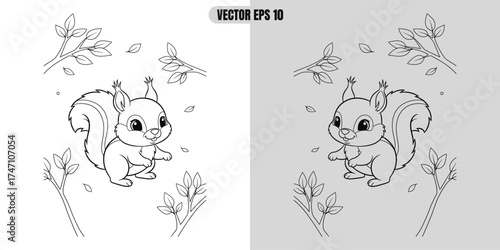 Cute cartoon squirrel illustration with branches and leaves line art