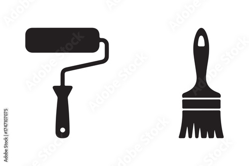 Black silhouette icons of paint roller and paint brush