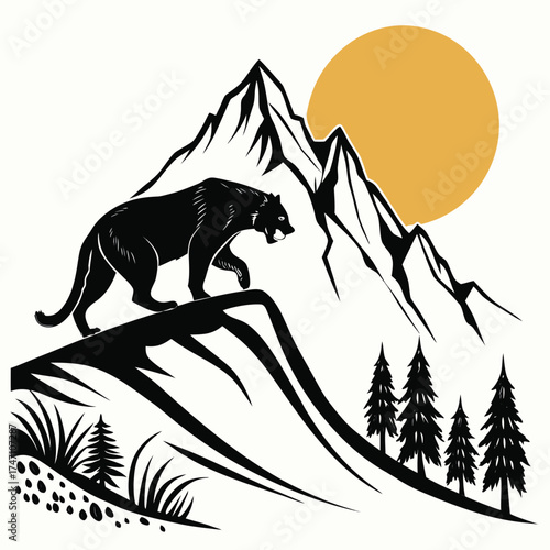 Black panther on mountain peak with rising sun silhouette