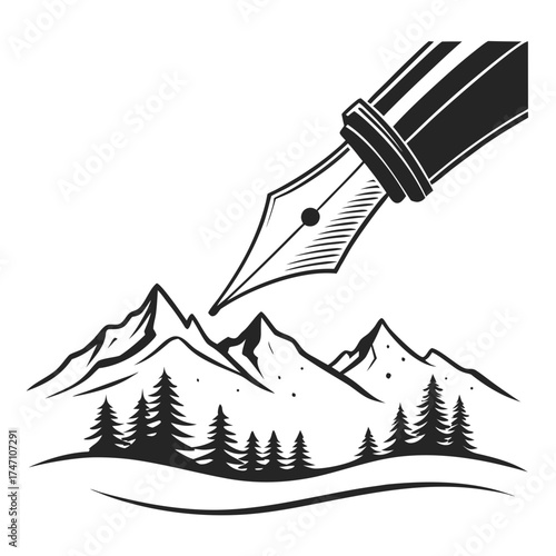 Carta da parati Black pen nib drawing mountain landscape with pine trees 1