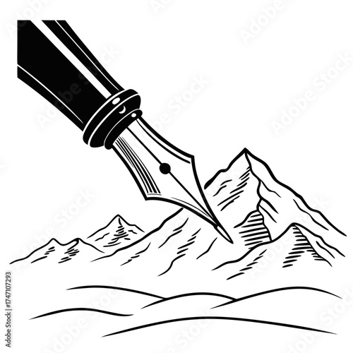 Black pen nib drawing mountain range silhouette writing