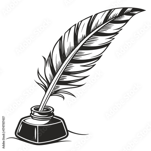 Black quill feather in ink pot on white background