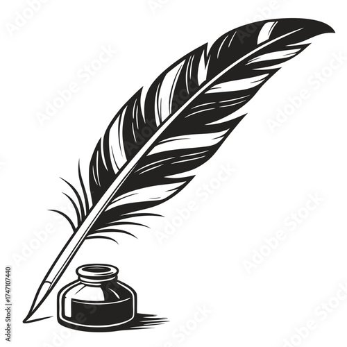 Black quill pen and ink pot on white background feather