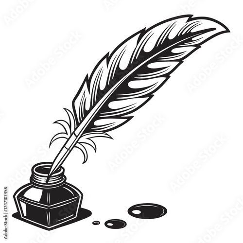 Black quill pen in inkwell with ink drops white background