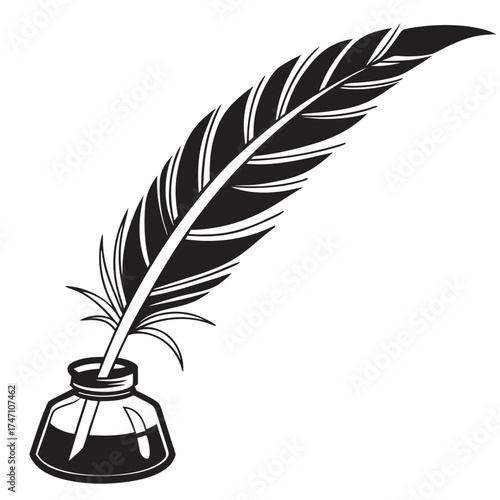 Black quill pen in inkwell on white background writing