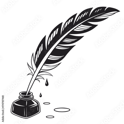 Black quill pen with ink drops and inkwell on white