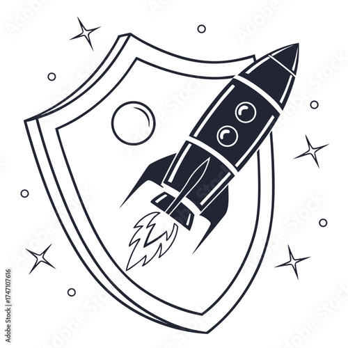 Black rocket launching from shield with stars space