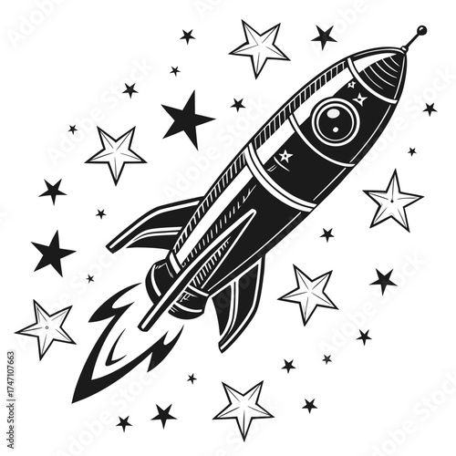 Black rocket ship flying among stars on white background