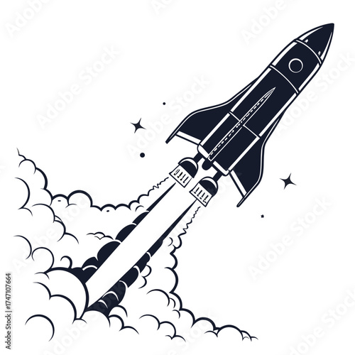 Black rocket launching upward with smoke trails and stars