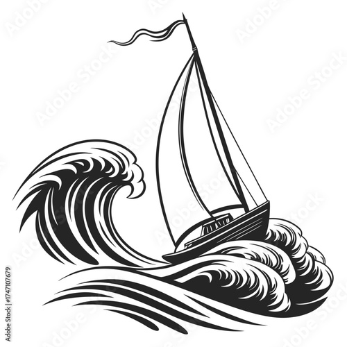 Black sailboat on rough waves silhouette ocean water