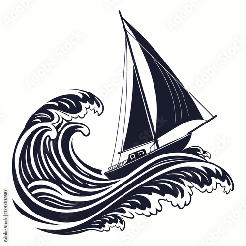 Black sailboat on stylized dark blue wave silhouette