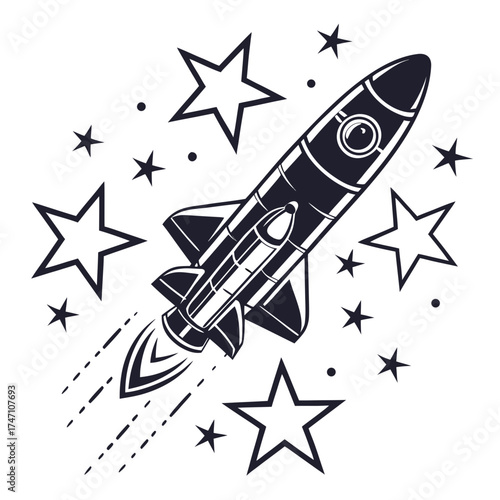 Black rocket ship with stars and exhaust trails spaceship