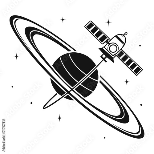 Black satellite orbiting planet with rings and stars 1