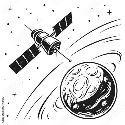 Black satellite orbiting a detailed planet in starry space