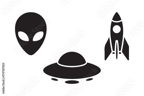 Black silhouette icons of alien spaceship rocket and ufo
