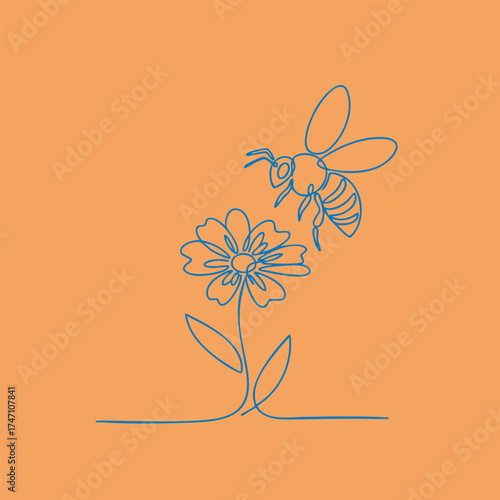 Minimalist line drawing of a bee hovering above a blooming flower on a warm pastel