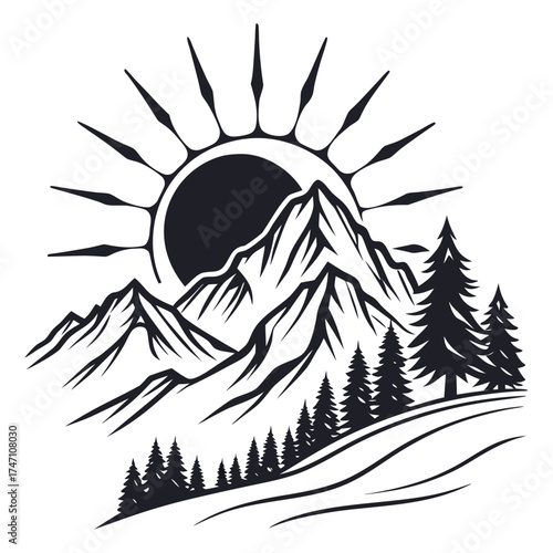 Black sun rising behind jagged mountains and pine trees