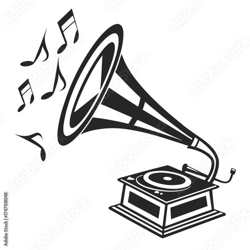 Black vintage gramophone with musical notes sound