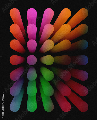 Vivid neon rainbow burst, 3D gradient abstract explosion on black, energetic digital art for creative design