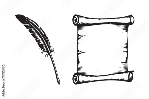 Vintage quill pen and scroll illustration