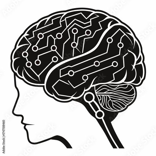 Black human brain circuit style graphic on white technology