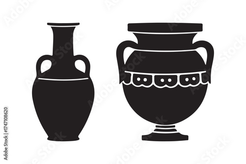 Two ancient greek amphorae silhouettes on a white background