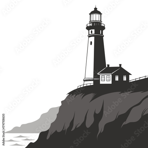 Black lighthouse on rocky cliff overlooking ocean waves