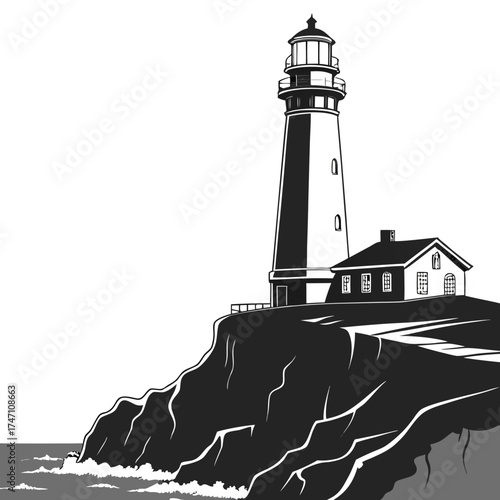 Black lighthouse on rocky cliff with waves and building