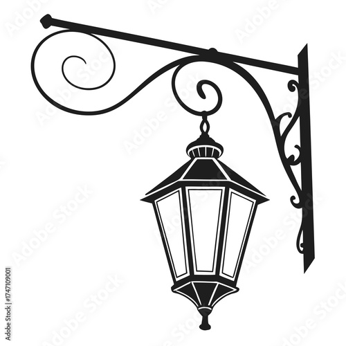 Black silhouette of a vintage street lantern on white background