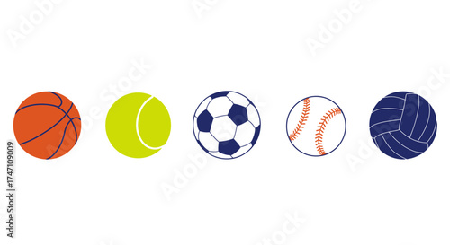 Collection of five popular sports balls basketball soccer tennis baseball volleyball isolated graphic elements vector
