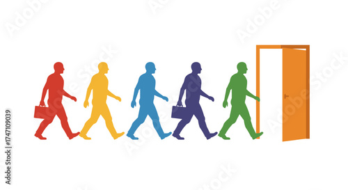 Diverse business people in vibrant silhouettes marching towards an open orange door symbolizing opportunity and new beginnings vector