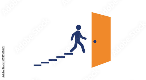 Silhouette figure ascends stairs towards bright orange door symbolizing opportunity progress and new beginnings vector