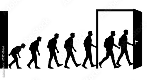 Human evolution silhouette entering open door symbolizing progress future opportunity growth and advancement vector