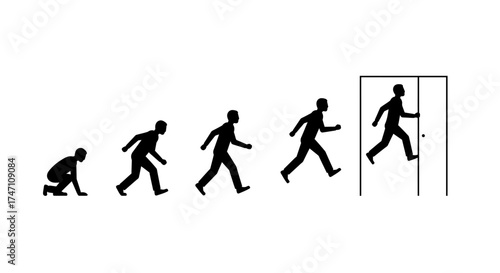 Human evolution silhouette progression from crawling baby to running adult exiting open door vector