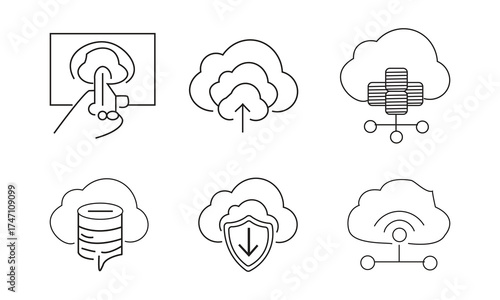 Black and white minimalist cloud computing icon set with upload, network, database, security, wifi, and data storage symbols in line art style
