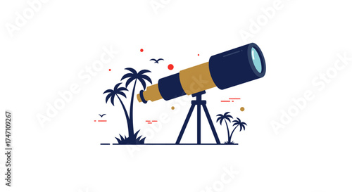 Telescope pointing towards the sky with silhouetted palm trees and distant stars creating a sense of exploration and discovery vector