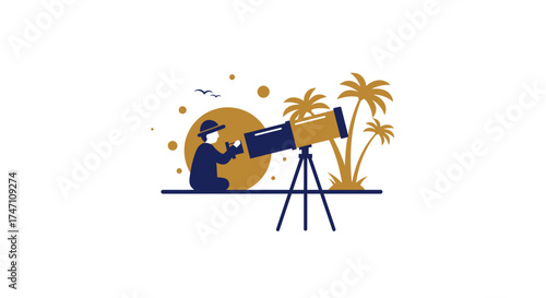 Person observing distant galaxies through a telescope under palm trees exploring the universe vector