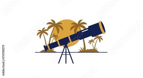Telescope aimed at a tropical sunset with palm trees exploring the cosmos under a warm evening sky vector