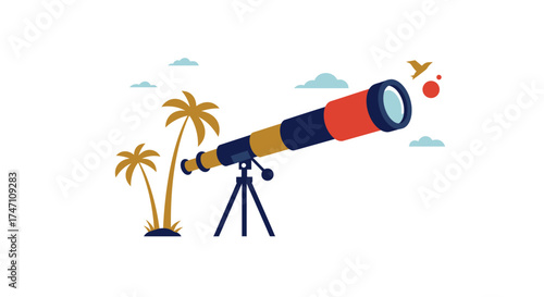 Vibrant telescope on tripod ready for cosmic exploration with palm trees and celestial elements symbolizing adventure and discovery vector