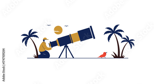 Astronomy enthusiast observes celestial bodies through telescope amidst tropical palm trees and sun vector