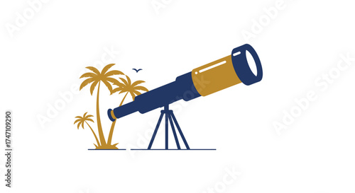 Vintage nautical spyglass telescope on tripod with tropical palm trees and birds in bright sunny day sky discover exploration vector