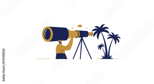 Astronomy enthusiast observing distant galaxies through a large telescope surrounded by palm trees creating a serene exploration scene vector