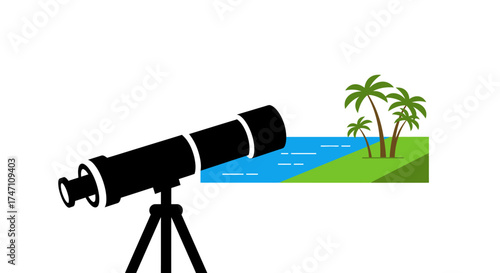 Telescope focused on tropical island paradise ocean view horizon dream vacation discovery vector