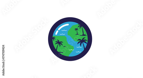 Stylized earth sphere with lush green continents palm trees and reflective blue ocean surface vector