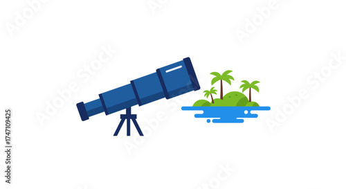 Blue telescope on tripod observing lush tropical island paradise with palm trees across water vector