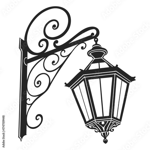 Black traditional lantern with ornate bracket on white